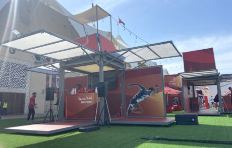 dj booth on the top of modulbox mobile event container used by abu dhabi for its sports event