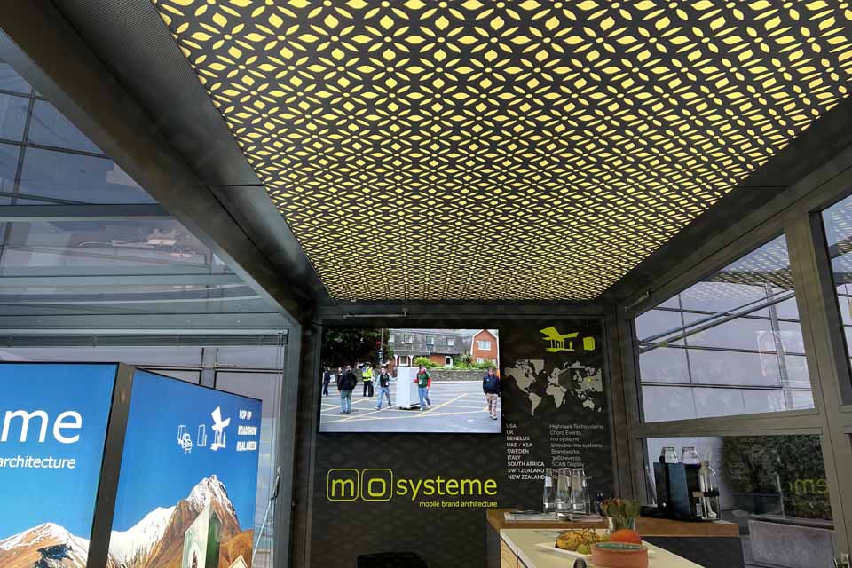 lighting printed cieling in modulbox mobile event folding container